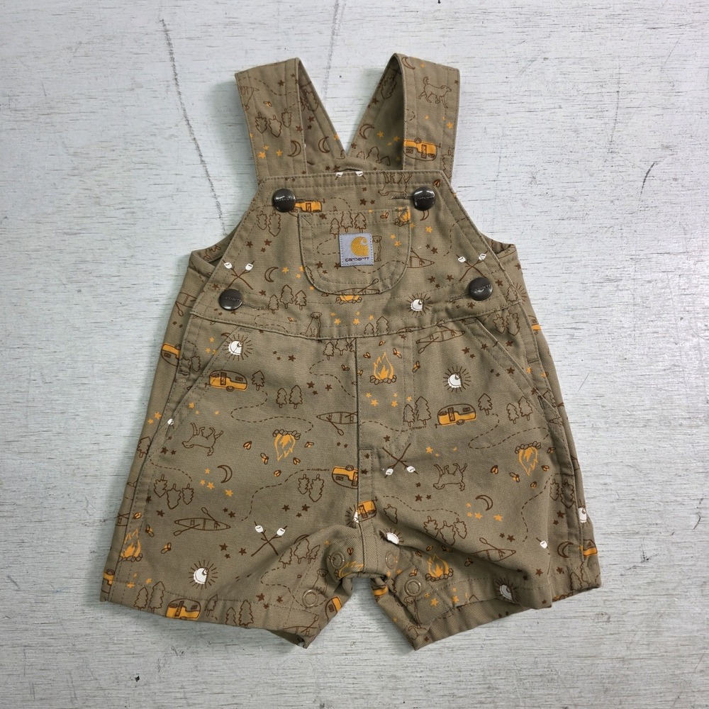 Carhartt Baby Shortall Overalls Unisex 3M Khaki Camping Print Snap Crotch EUC